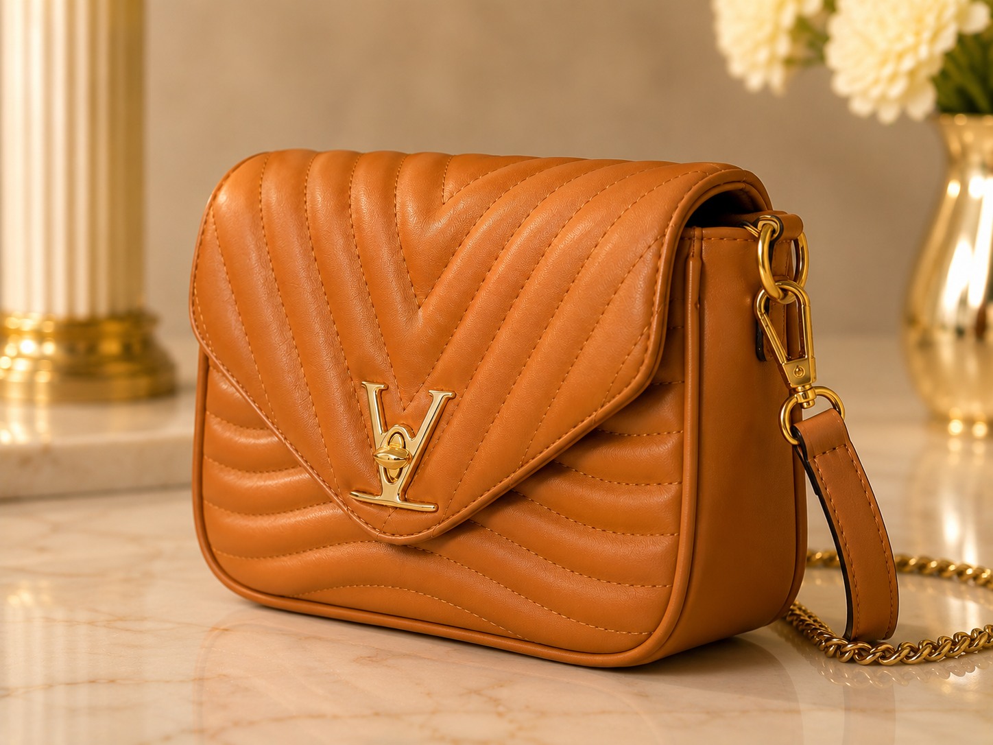 A tan quilted leather shoulder bag with a gold-tone LV logo on the front flap and a gold chain strap, displayed on a marble surface with a blurred background.