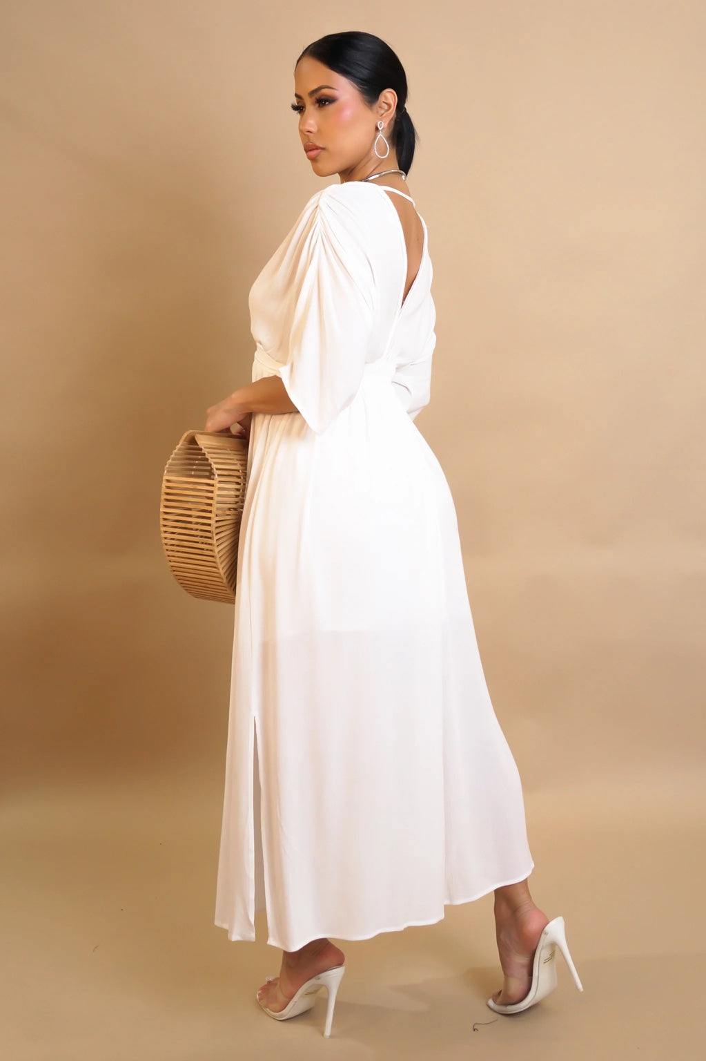 White & Taupe Goddess Flow V-Neck Maxi Dress – Elegant Chic