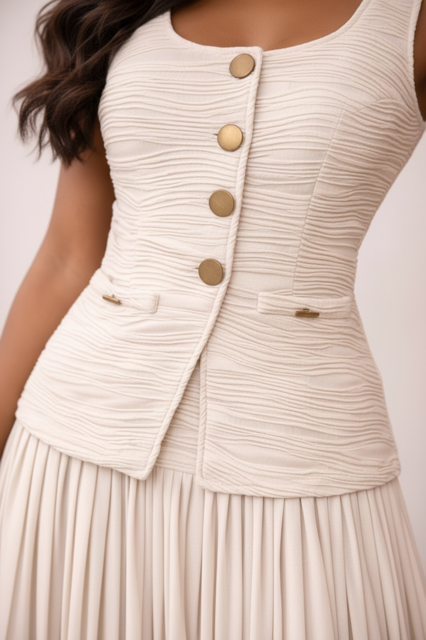 A close-up of a cream-colored sleeveless vest with a textured crinkle fabric, featuring a row of gold buttons down the front and a matching pleated skirt.