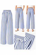Blue and white striped wide-leg pants displayed in multiple views on a white background.
