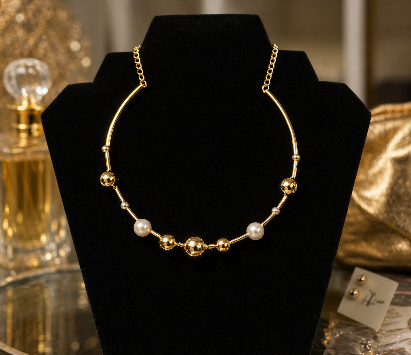 Gold necklace with pearls on a black stand, with a blurred background
