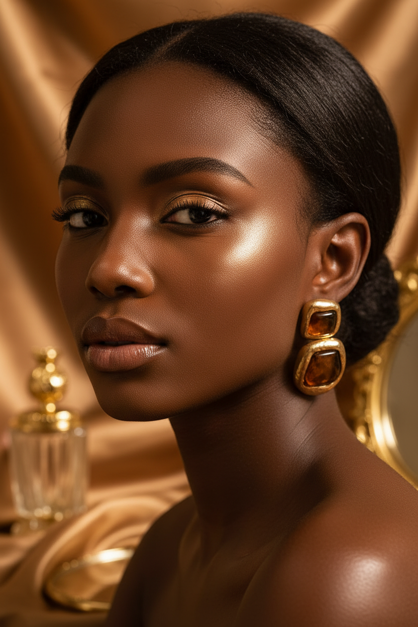 A woman in profile wearing large rectangular gold-toned earrings with deep red gemstones, set against a warm golden bokeh background.