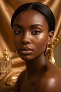 A close-up portrait of a woman with dark hair pulled back, wearing large gold statement earrings with amber-colored stones, set against a luxurious draped gold satin background.