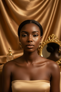 A woman with dark skin and black hair pulled back wears large gold hoop earrings and a matching strapless beige top, posed in front of a draped gold satin backdrop with an ornate gold mirror behind her.