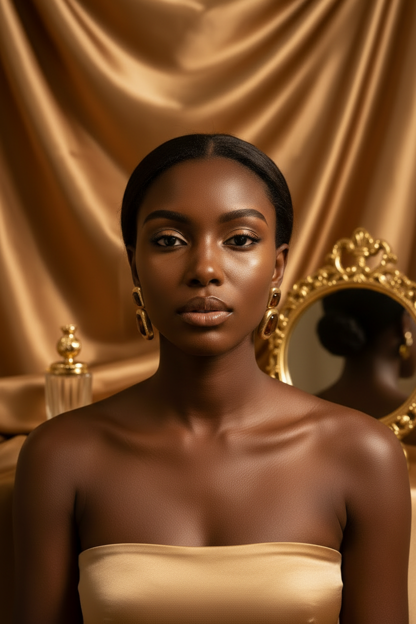 A woman with dark skin and black hair pulled back wears large gold hoop earrings and a matching strapless beige top, posed in front of a draped gold satin backdrop with an ornate gold mirror behind her.