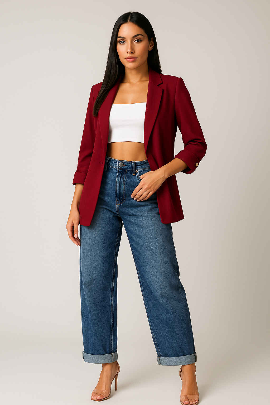 Woman wearing a red blazer, white top, and blue jeans on a plain background