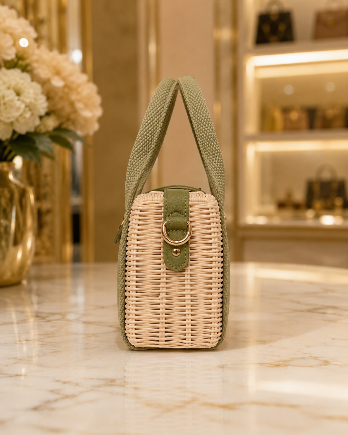 A small woven wicker handbag with an olive green fabric handle and trim, standing on a polished marble surface in a warm, upscale interior setting.