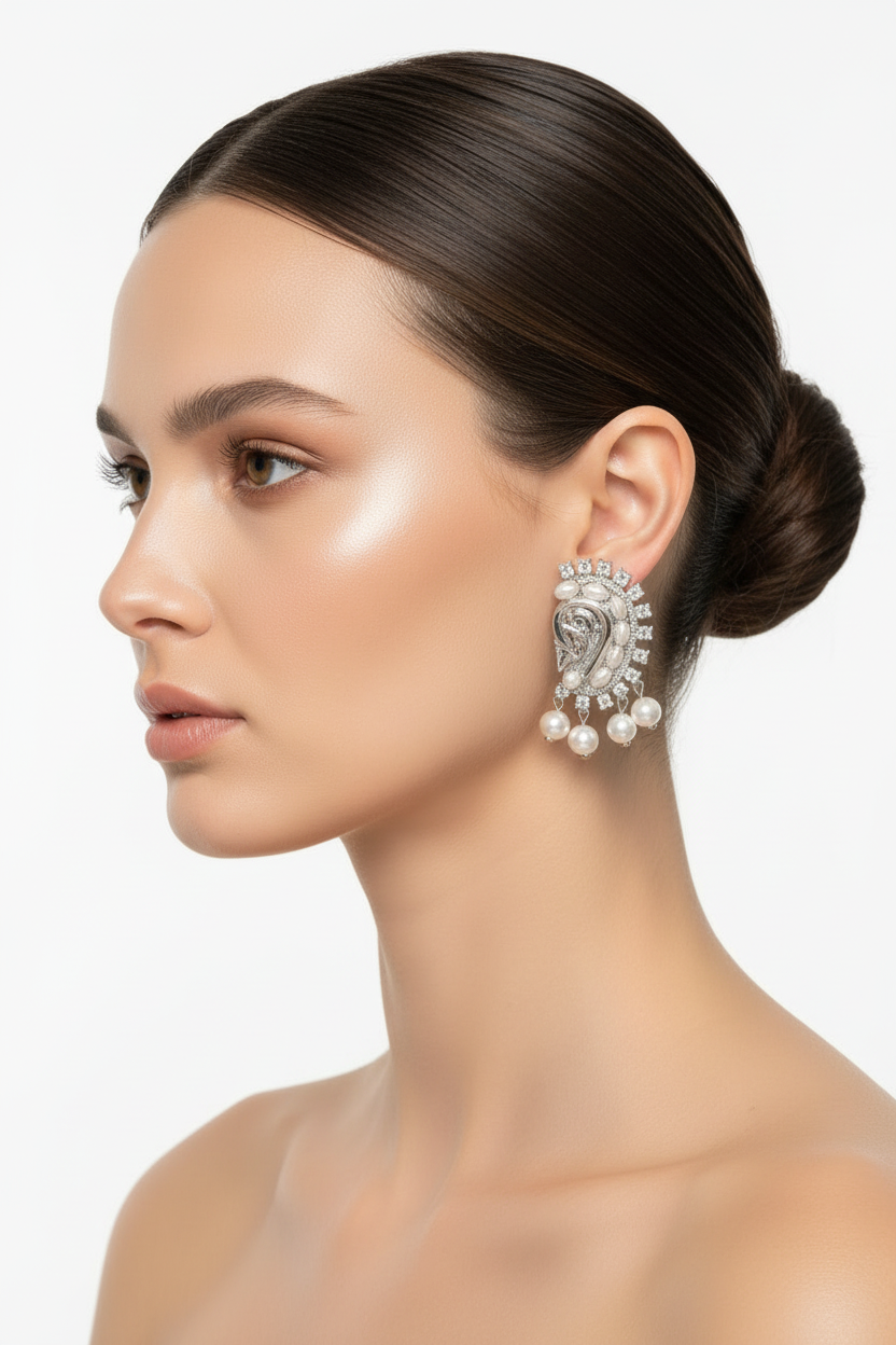 A close-up side profile of a woman with dark hair in a bun, wearing a large, ornate silver-toned statement earring adorned with clear stones and a dangling pearl cluster, against a clean white background.