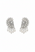 A pair of silver-tone paisley dangle earrings adorned with white faux pearls and clear rhinestones, set against a plain white background.