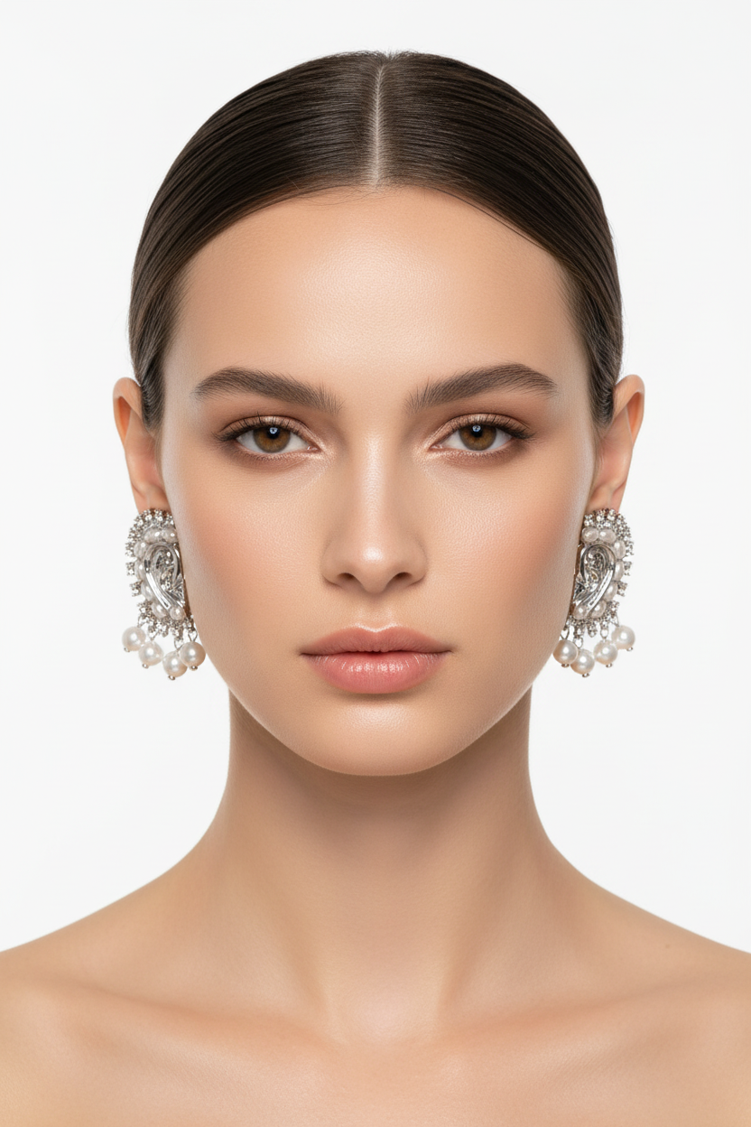 A close-up portrait of a model wearing large, ornate silver-toned statement earrings with clear crystal-like details against a plain light gray background.