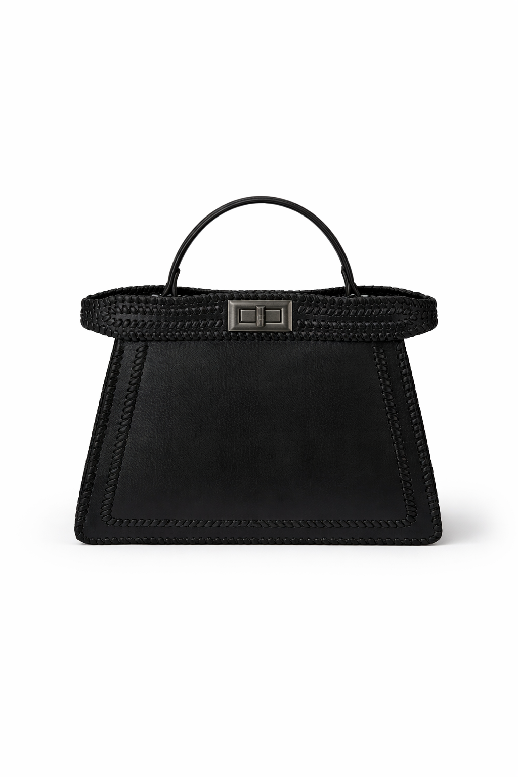 Five handbags in black, brown, red, and green on a white background