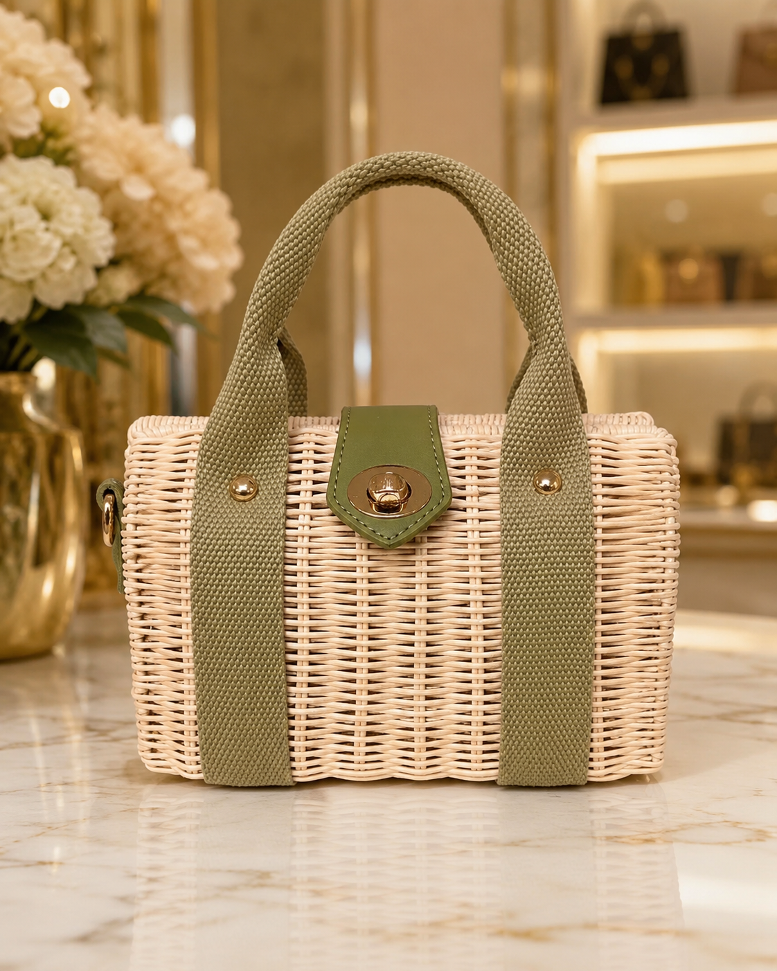A structured woven straw tote bag with olive green fabric handles and side panels, featuring a central green flap with a gold-tone clasp, displayed on a marble countertop in a boutique setting.