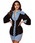Denim Contrast Button-Down Mini Dress - D'TWINS FASHION