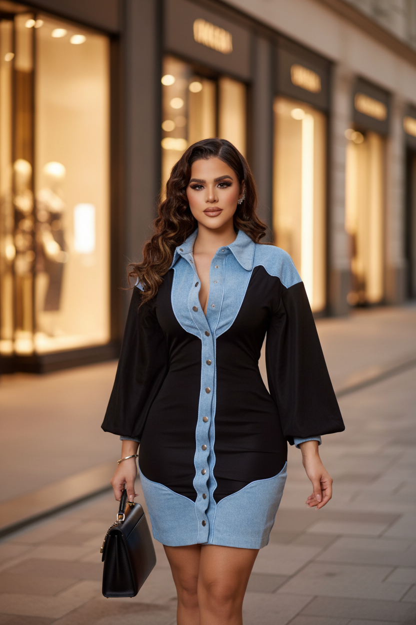 A woman stands on a city sidewalk in front of storefront windows, wearing a color-block mini dress with a light blue denim-like base and black sleeves and side panels. She is holding a black handbag.