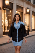 A woman stands on a cobblestone street in front of a boutique, wearing a color-block shirt dress made of black and light blue denim-like fabric. The dress has a button-down front, a pointed collar, and three-quarter sleeves.