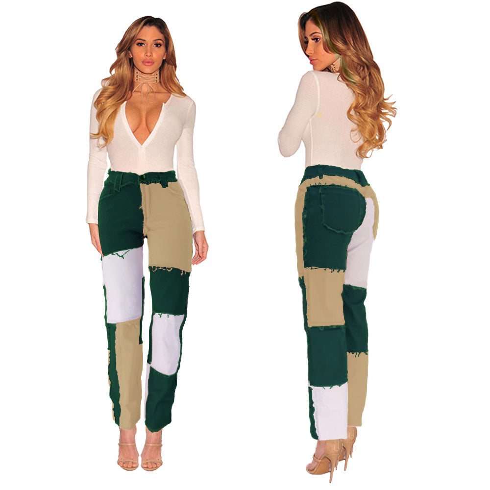 women's daily streetwear color block full length washed jeans