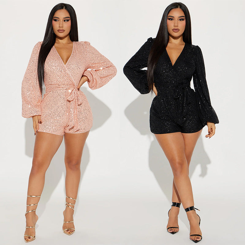 women's party street sexy solid color shorts sequins rompers