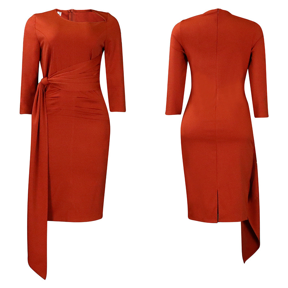 women's sheath dress elegant oblique collar pleated 3/4 length sleeve solid color knee-length banquet