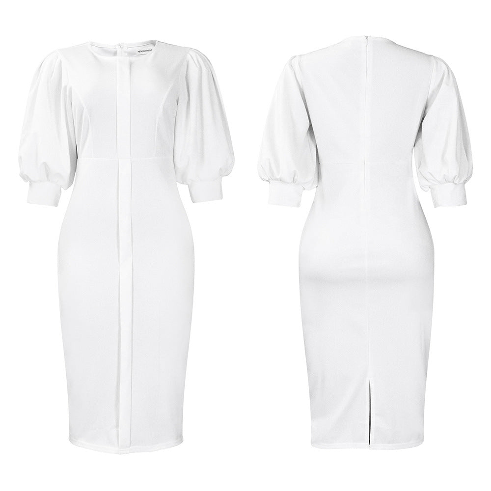 women's sheath dress elegant round neck pleated 3/4 length sleeve solid color knee-length banquet
