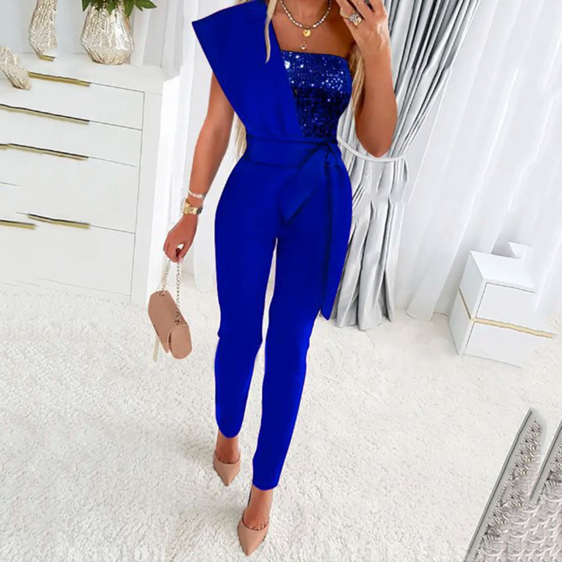 women's business formal solid color full length jumpsuits