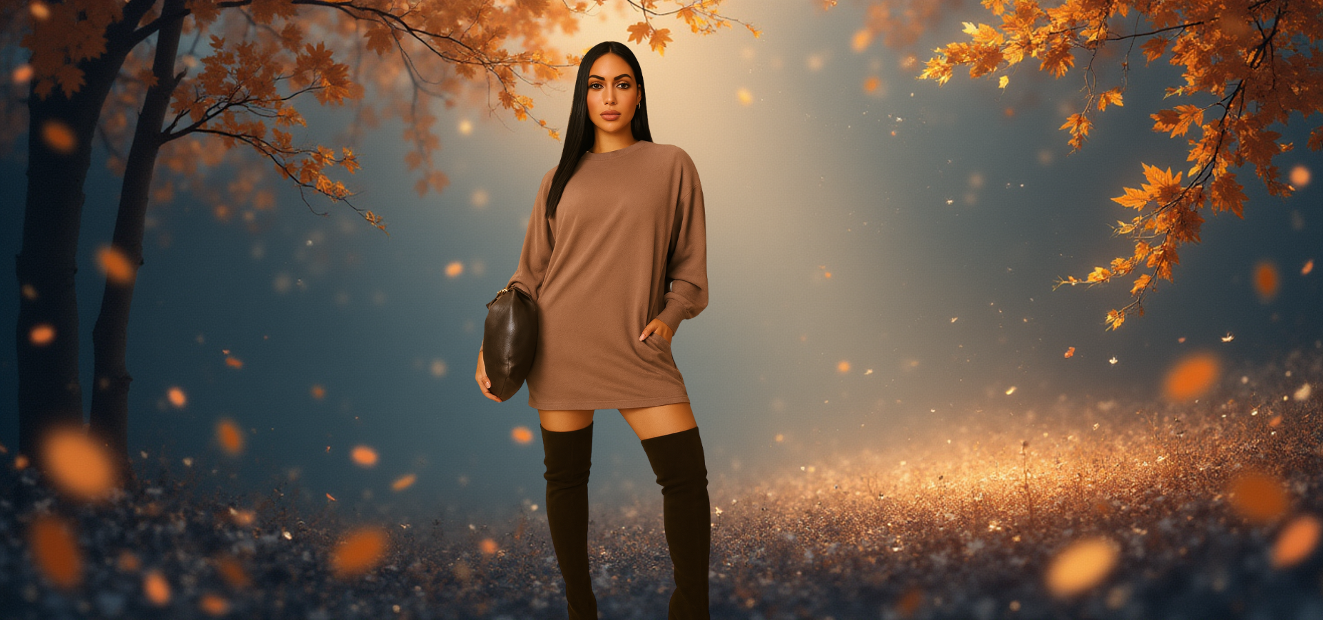 Woman standing in a forest with autumn leaves falling around her