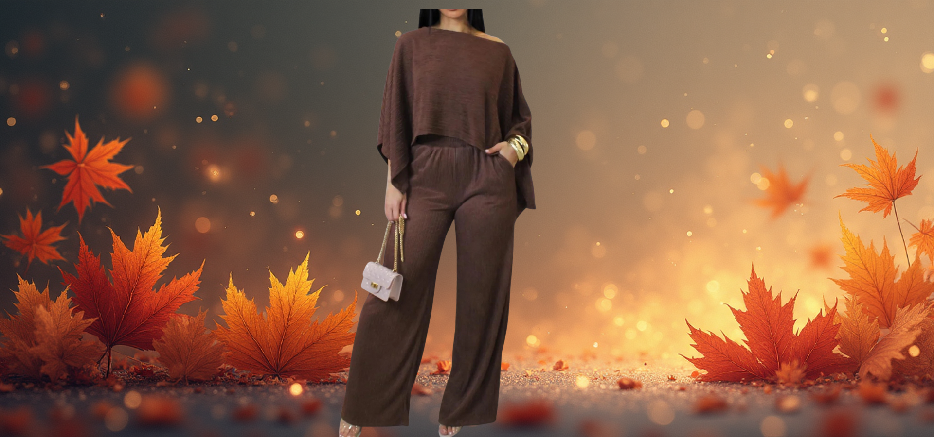 Person in a brown outfit standing in an autumn setting with red leaves and warm lighting.