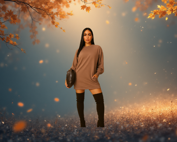 Woman standing in a field with autumn leaves and a warm glow