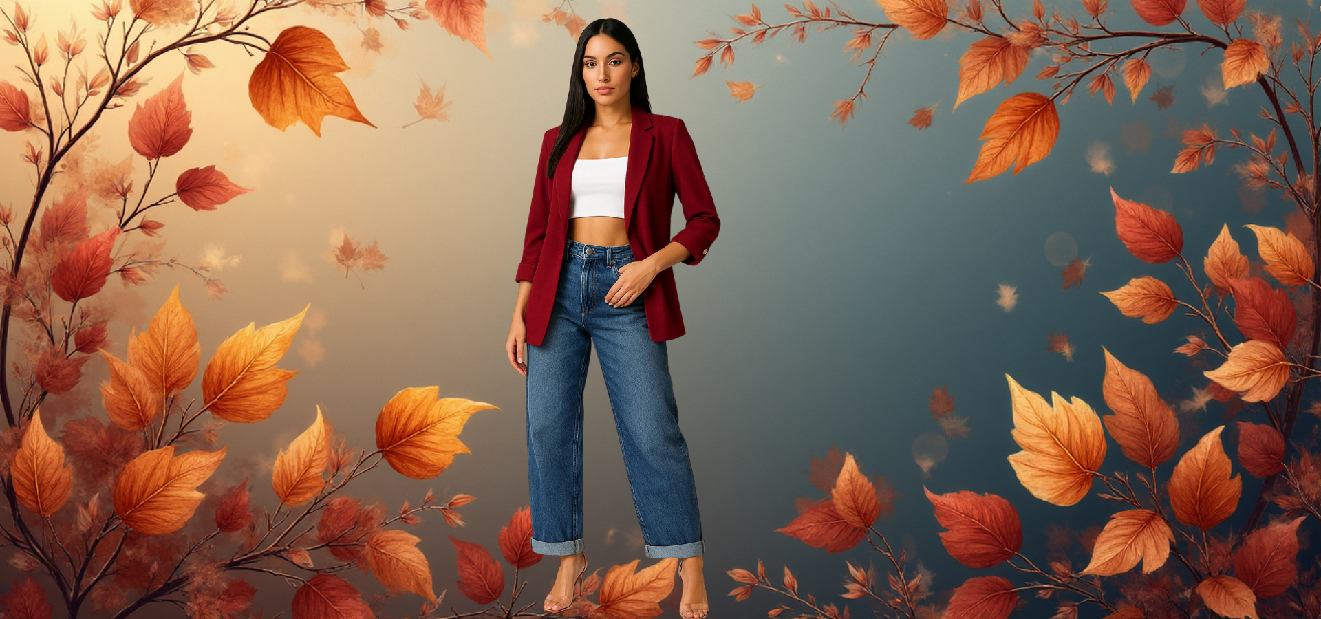 Woman in a red blazer and blue jeans standing amidst autumn leaves on a gradient background