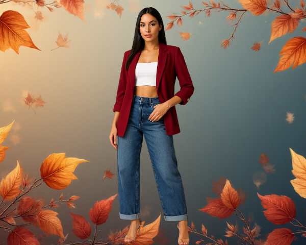 Woman wearing a red blazer and blue jeans with autumn leaves in the background