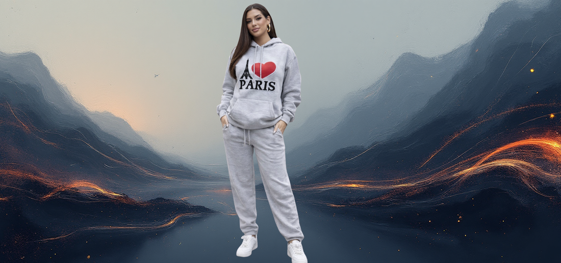 Person wearing a 'I love Paris' hoodie standing in front of a mountainous landscape with a mystical glow.