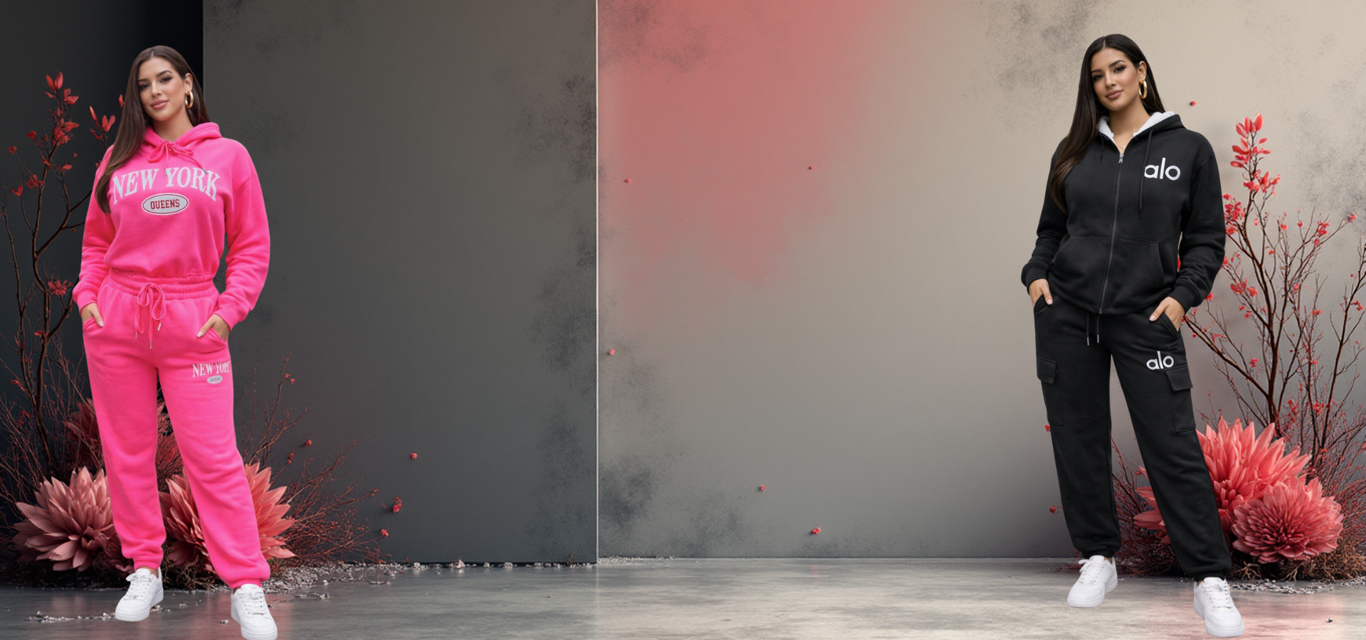 Two women modeling pink and black tracksuits with 'alo' branding against a gray background.