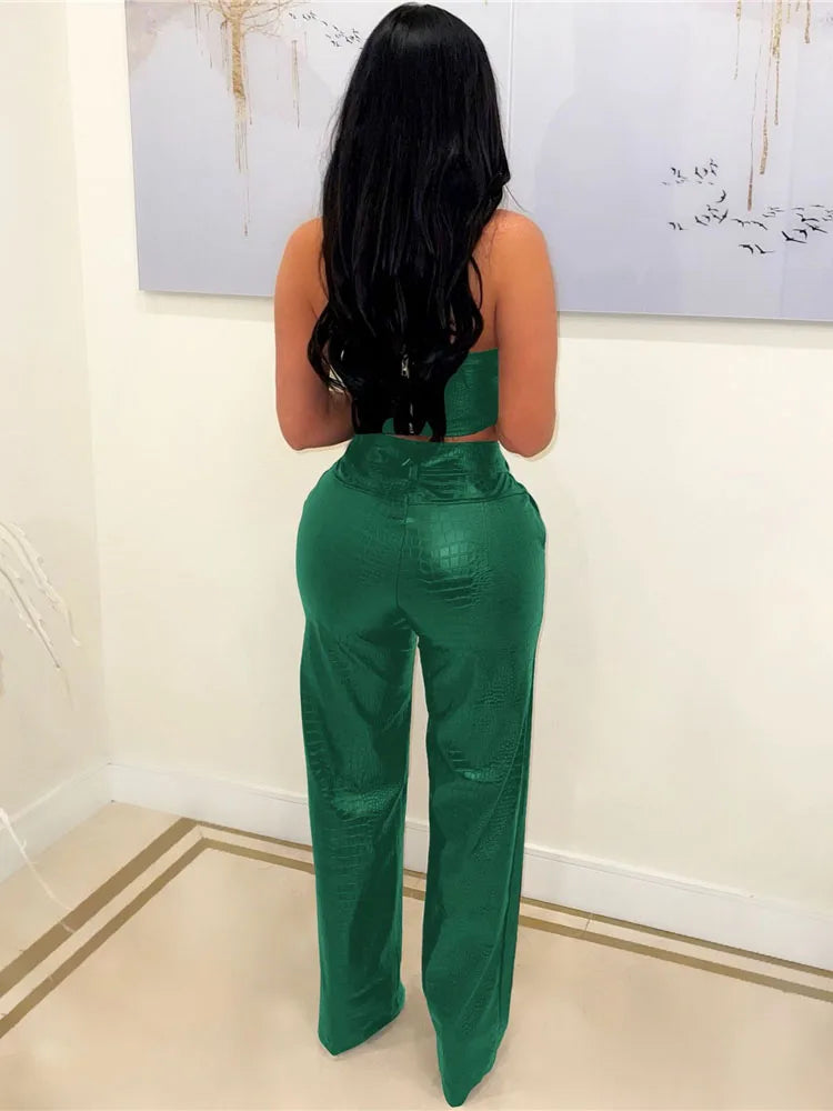 Women's Green Corset Cut-Out Cargo Sexy Sleeveless Jumpsuits PU Leather Matching Set Sexy Clubwear 2 Piece Outfits