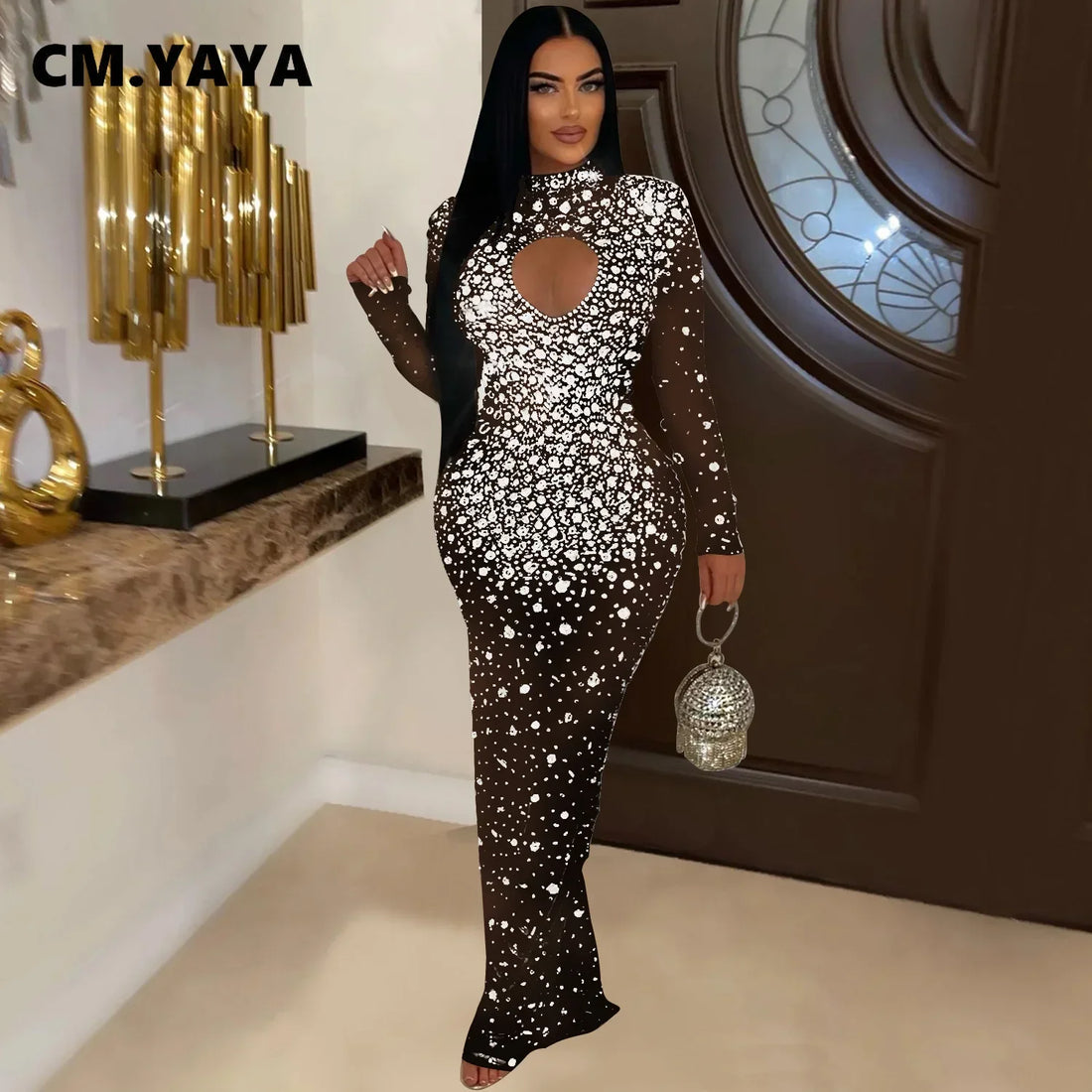 CM.YAYA Women Mesh See Through Diamonds Hot Rhinestones Bodycon Long Mermaid Maxi Dress 2024 Evening Sexy Party Dresses Vestidos