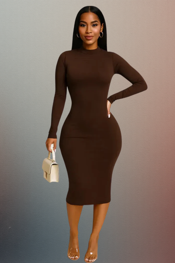 Woman wearing a brown long-sleeve dress holding a beige handbag against a gradient background