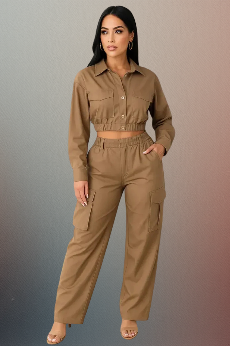 Woman wearing a brown outfit against a gradient background