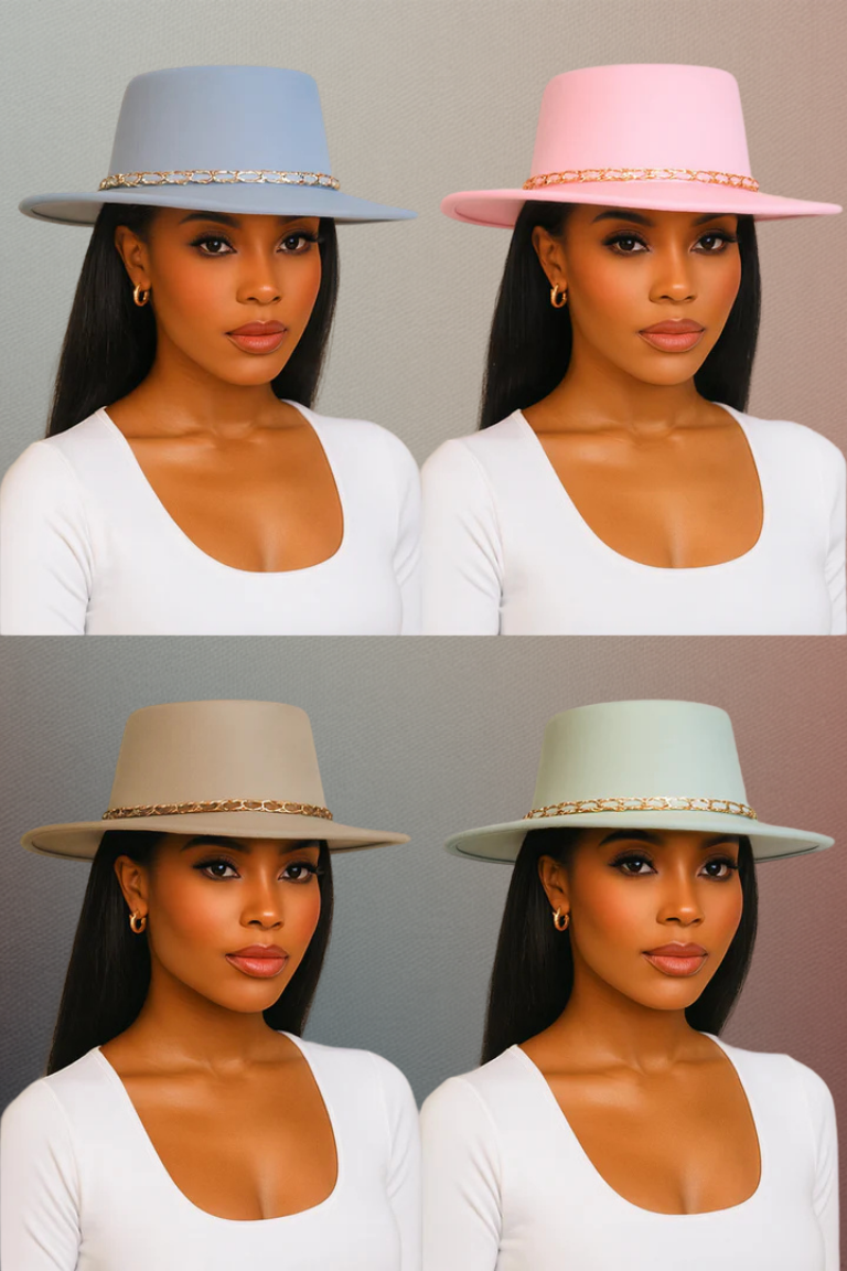 Four women wearing different colored hats with decorative bands against a neutral background