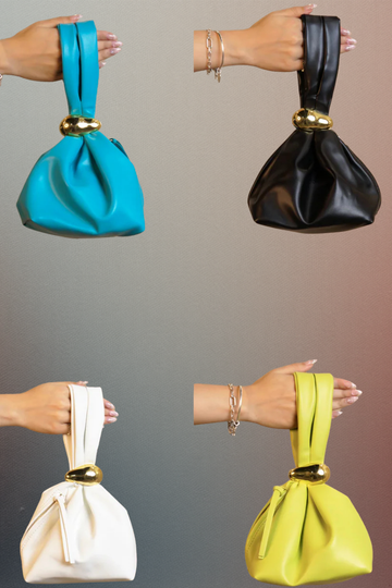 Four hands holding bags in blue, black, white, and yellow against a gradient background.