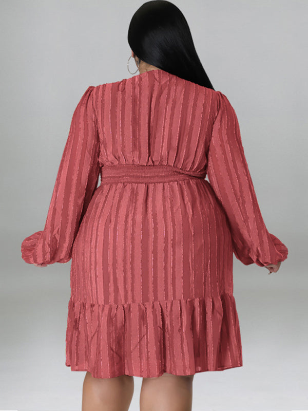 Plus size jacquard V-neck striped long-sleeved dress - D'TWINS FASHION