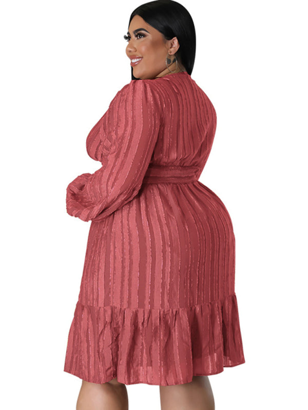 Plus size jacquard V-neck striped long-sleeved dress - D'TWINS FASHION
