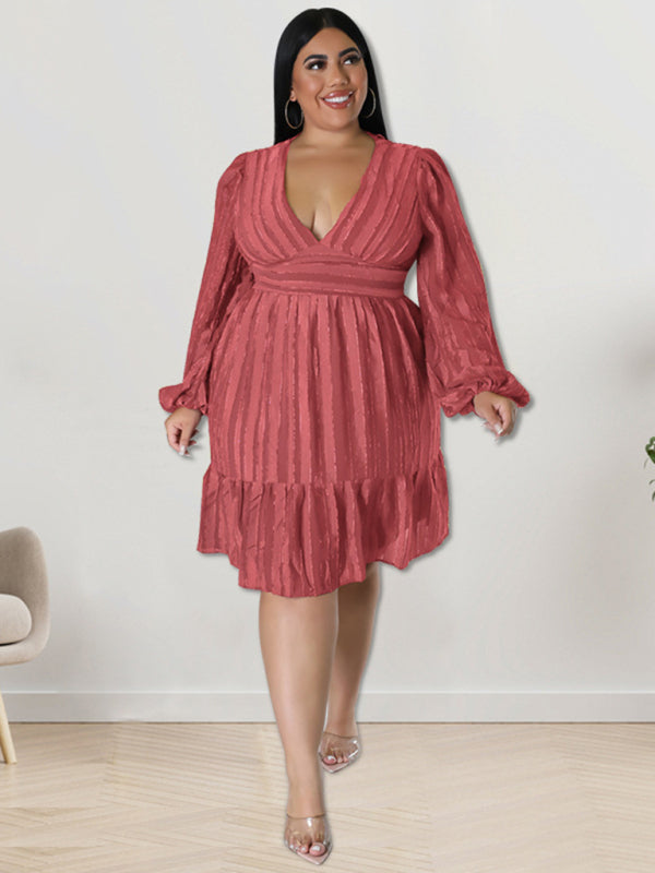 Plus size jacquard V-neck striped long-sleeved dress - D'TWINS FASHION