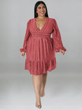 Plus size jacquard V-neck striped long-sleeved dress - D'TWINS FASHION