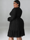 Plus size jacquard V-neck striped long-sleeved dress - D'TWINS FASHION