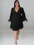 Plus size jacquard V-neck striped long-sleeved dress - D'TWINS FASHION