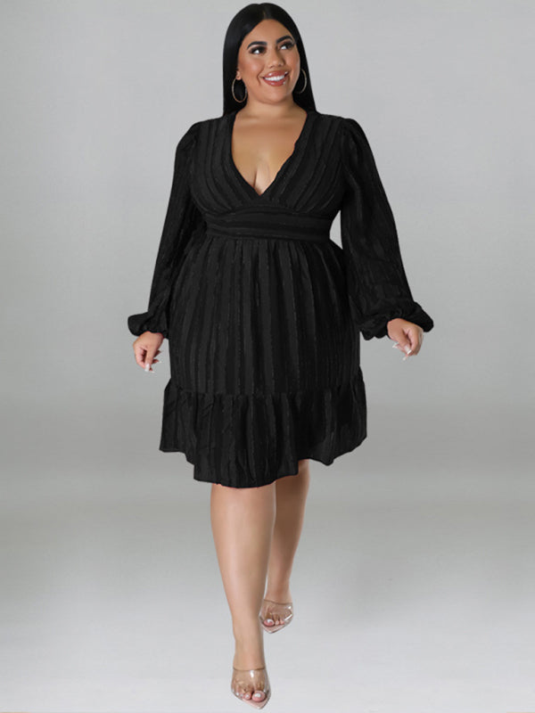 Plus size jacquard V-neck striped long-sleeved dress - D'TWINS FASHION