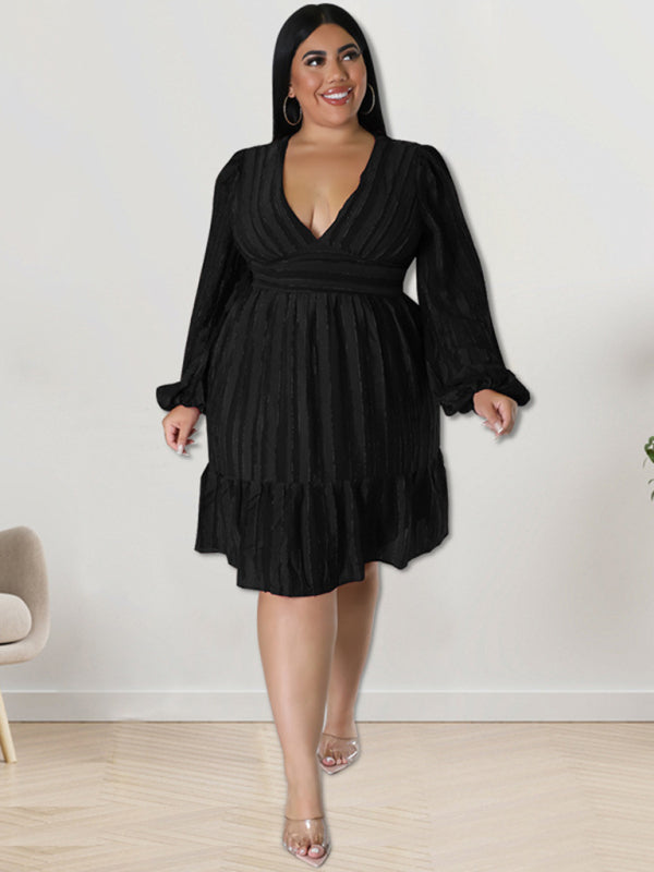 Plus size jacquard V-neck striped long-sleeved dress - D'TWINS FASHION