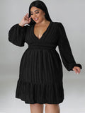 Plus size jacquard V-neck striped long-sleeved dress - D'TWINS FASHION