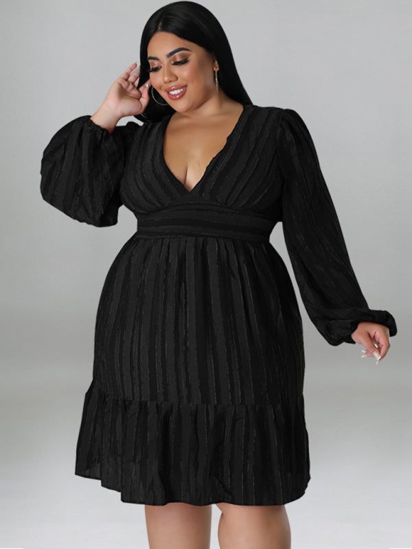 Plus size jacquard V-neck striped long-sleeved dress - D'TWINS FASHION