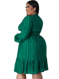 Plus size jacquard V-neck striped long-sleeved dress - D'TWINS FASHION