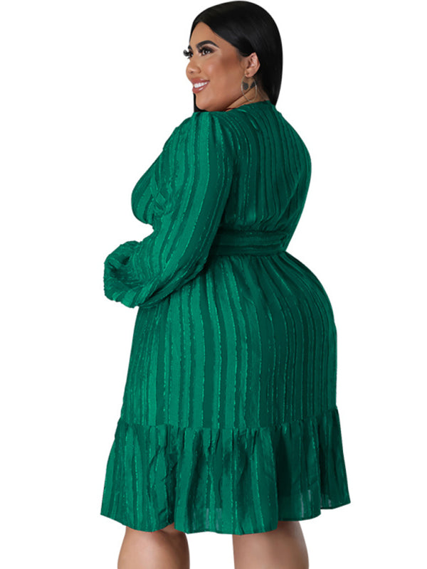 Plus size jacquard V-neck striped long-sleeved dress - D'TWINS FASHION