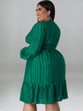 Plus size jacquard V-neck striped long-sleeved dress - D'TWINS FASHION
